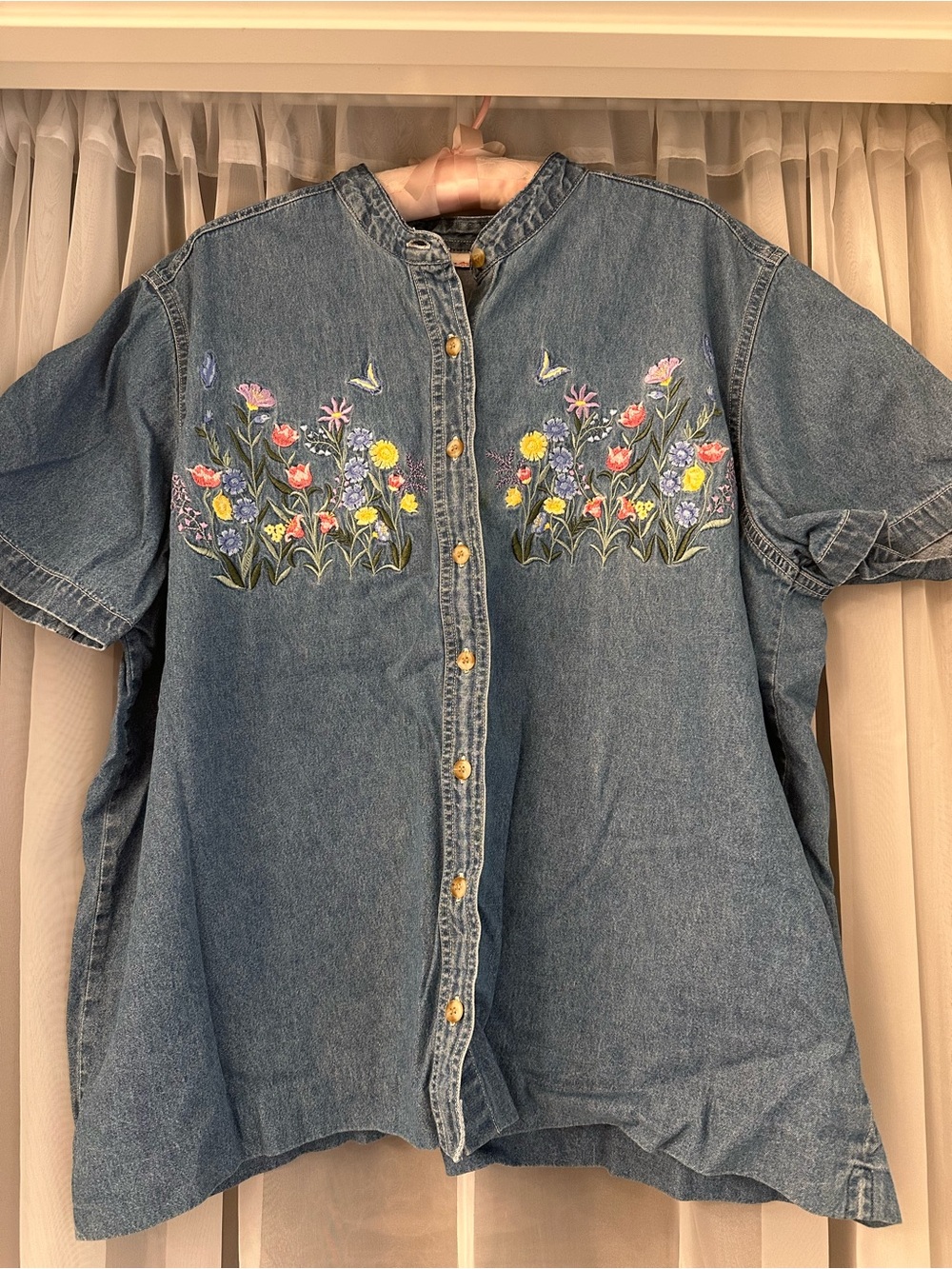Bobbie Brooks Blue Denim Button-Down Shirt with Multicolor Floral Embroidery